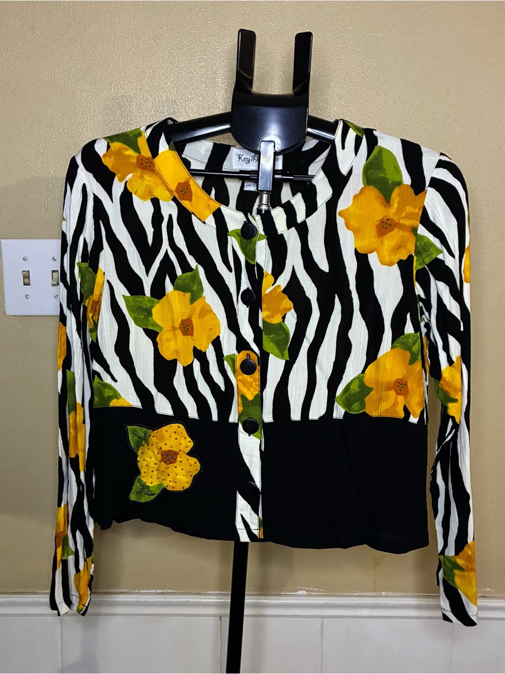 Black & White Zebra Floral Button-Down Top in Yellow